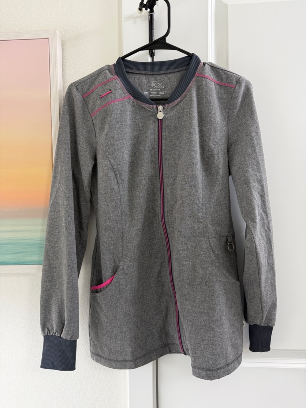 Cherokee Heather Grey Scrub Jacket with Pink Trim